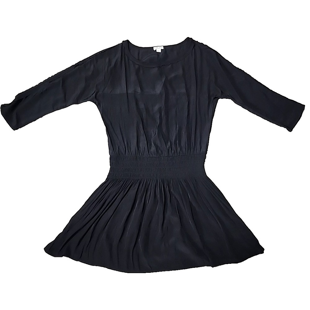 Splendid Mini Dress XS Black Satin Long Sleeve Shirred Smocked Round Neck USA